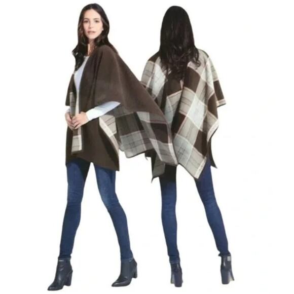 Woolrich Tartan Plaid Reversible Microfleece Blanket Cape Shawl Poncho Brown OS - Picture 10 of 10